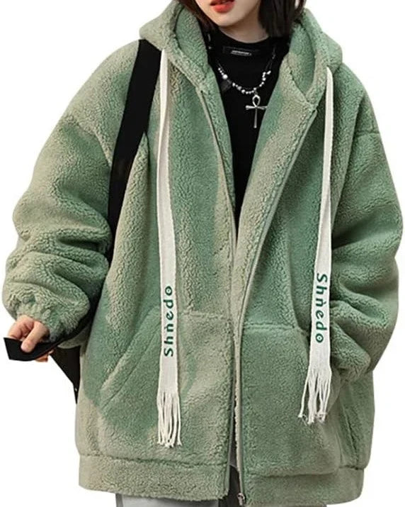 Oversized Damen Fleecejacke mit Kapuze – Weicher Plüsch Hoodie