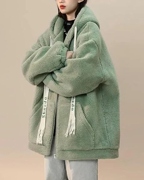 Oversized Damen Fleecejacke mit Kapuze – Weicher Plüsch Hoodie