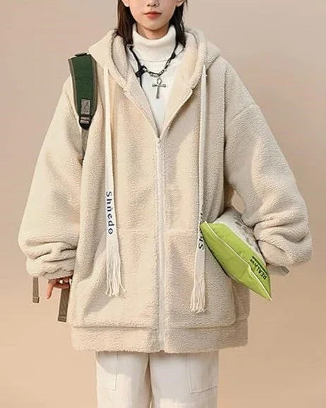 Oversized Damen Fleecejacke mit Kapuze – Weicher Plüsch Hoodie