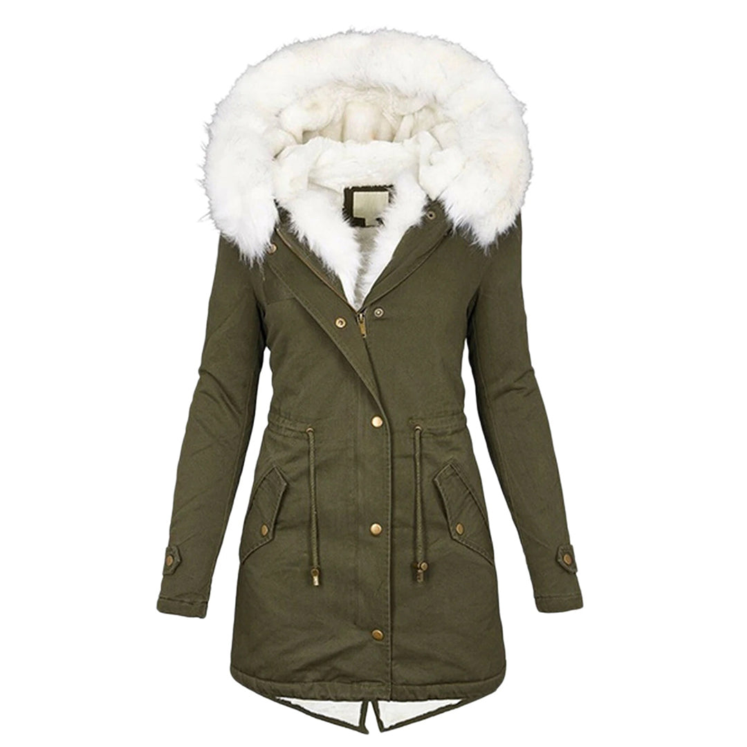 Warme Fleecegefütterte Winterjacke Damen – Winddichte Lange Jacke mit Kapuze