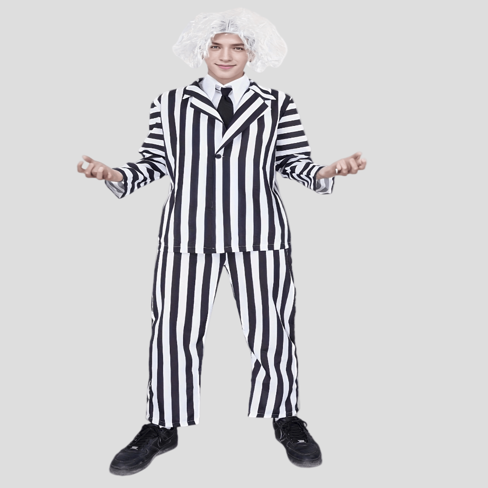 Halloween Kostüm Schwarz Weiß Gestreiftes Polyester Anzug Perücke Set
