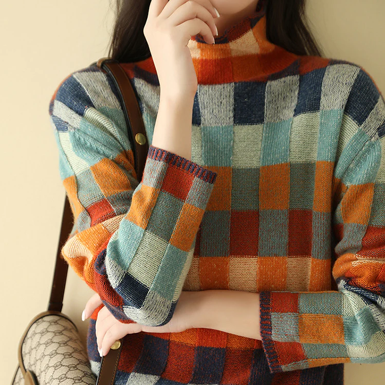 CashLoom Kaschmirpullover – Patchwork Damenpullover mit Rollkragen und nachhaltigem Design