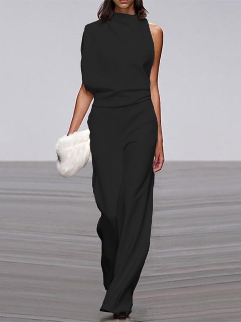 Drune Damen Jumpsuit Mit Rundhalsausschnitt, Armellos Und Weitem Bein