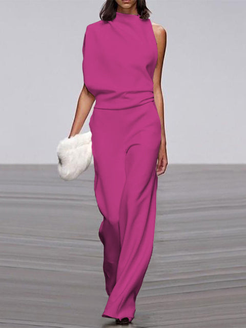Drune Damen Jumpsuit Mit Rundhalsausschnitt, Armellos Und Weitem Bein