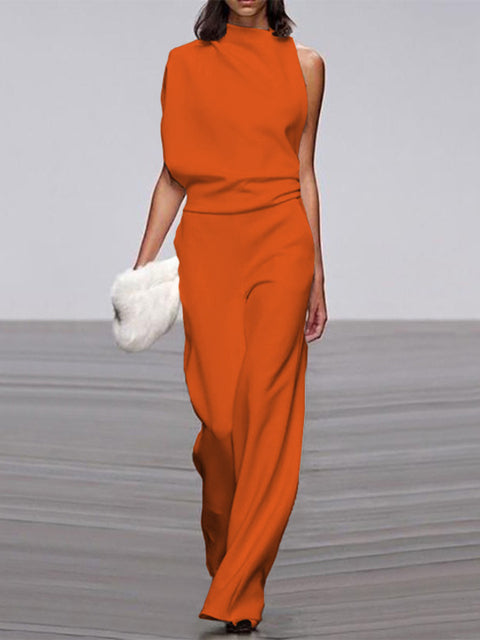 Drune Damen Jumpsuit Mit Rundhalsausschnitt, Armellos Und Weitem Bein