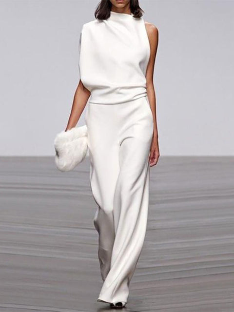 Drune Damen Jumpsuit Mit Rundhalsausschnitt, Armellos Und Weitem Bein