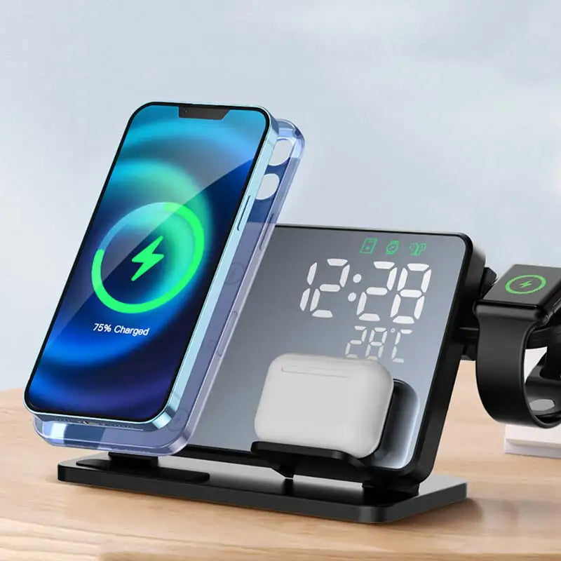 3-in-1 Schnellladegerät | Premium Wireless Fast Charging Docking Station mit Wecker | Für Apple iPhone, Watch & AirPods