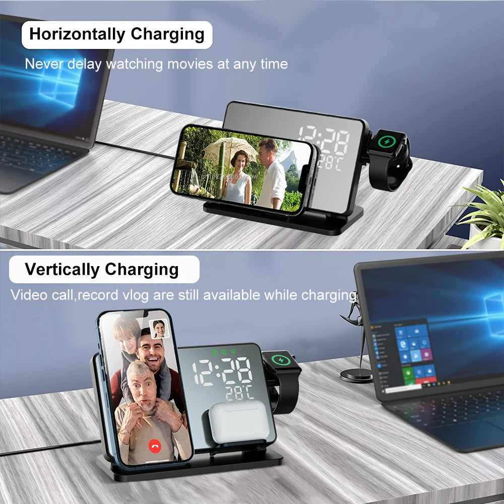 3-in-1 Schnellladegerät | Premium Wireless Fast Charging Docking Station mit Wecker | Für Apple iPhone, Watch & AirPods