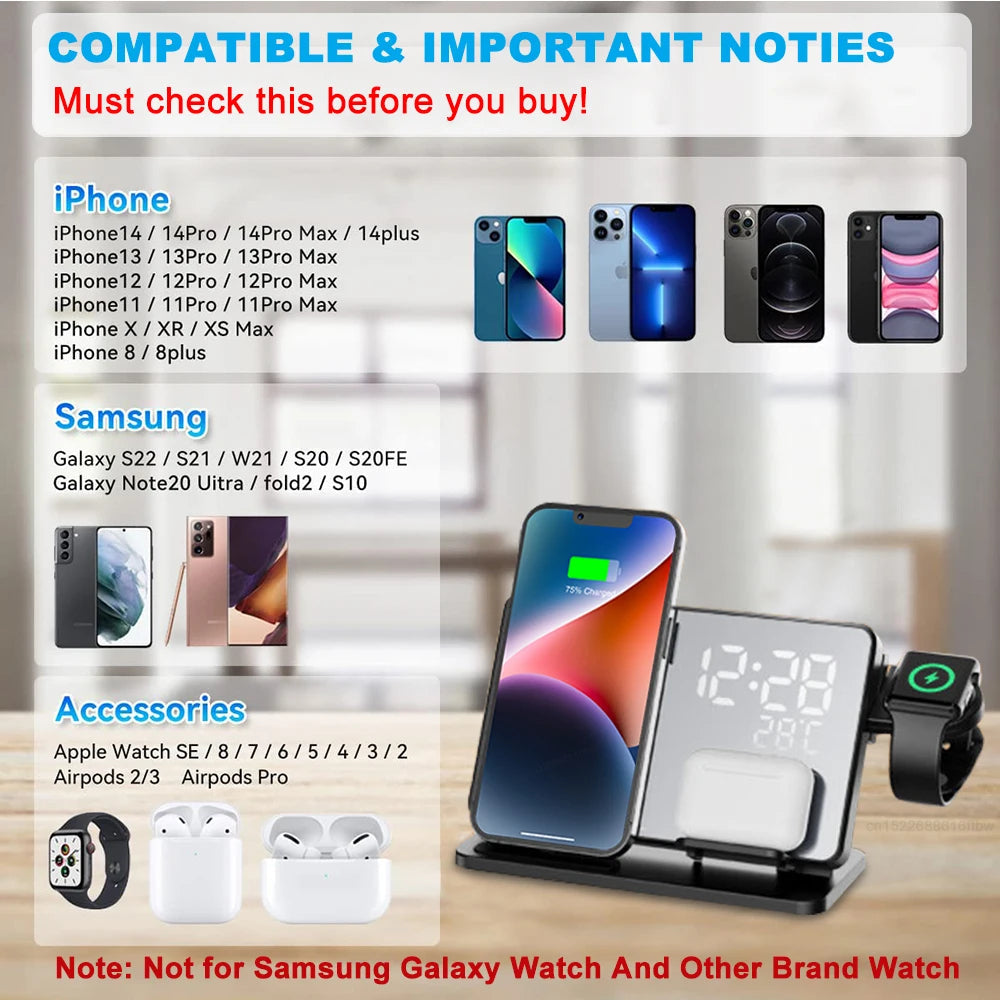 3-in-1 Schnellladestation | Premium Wireless Fast Charging Dockingstation mit Wecker | für Apple iPhone, Watch & AirPods