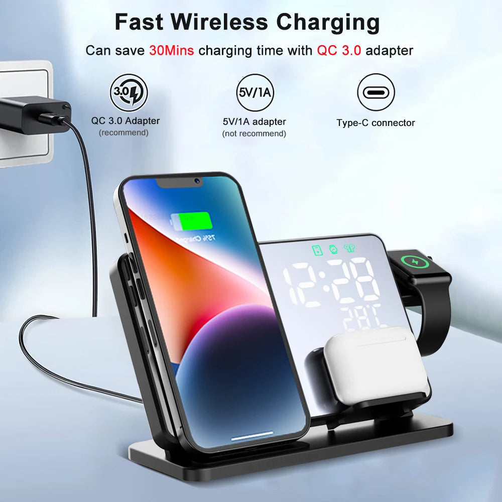 3-in-1 Schnellladegerät | Premium Wireless Fast Charging Docking Station mit Wecker | Für Apple iPhone, Watch & AirPods