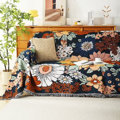 Baumwollsofaüberwurf mit Blumenmuster und eleganten Fransen