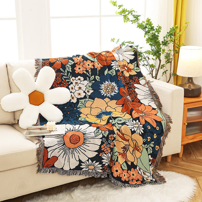 Baumwollsofaüberwurf mit Blumenmuster und eleganten Fransen