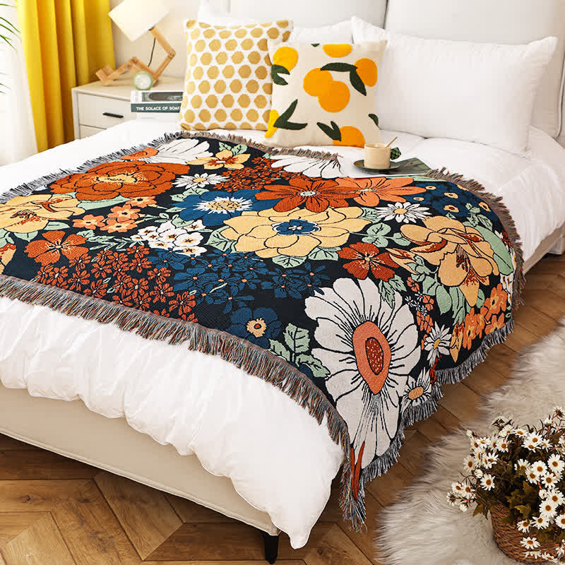 Baumwollsofaüberwurf mit Blumenmuster und eleganten Fransen