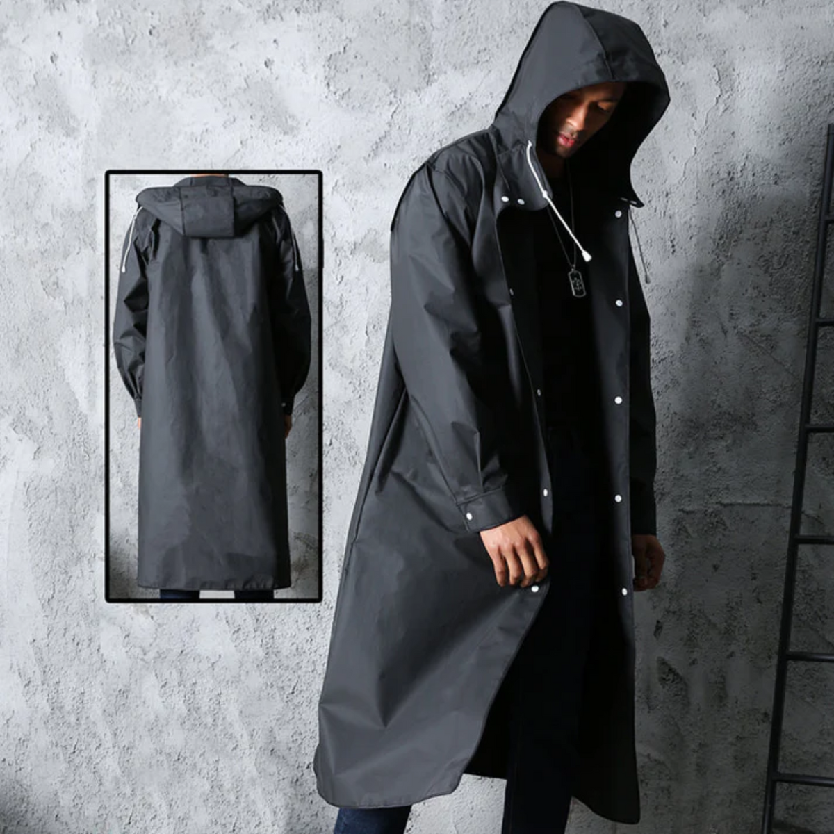Lange Wasserdichte Herren Regenjacke mit Kapuze – Herbstlicher Titan