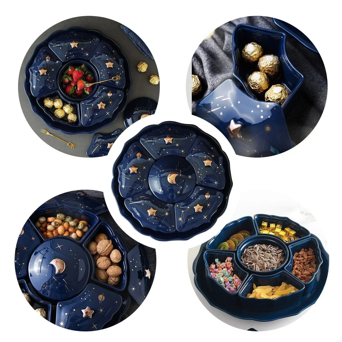 Rotierendes Keramisches Snackbord mit 5 Fächern – Sternenhimmel Design für Häppchen und Snacks
