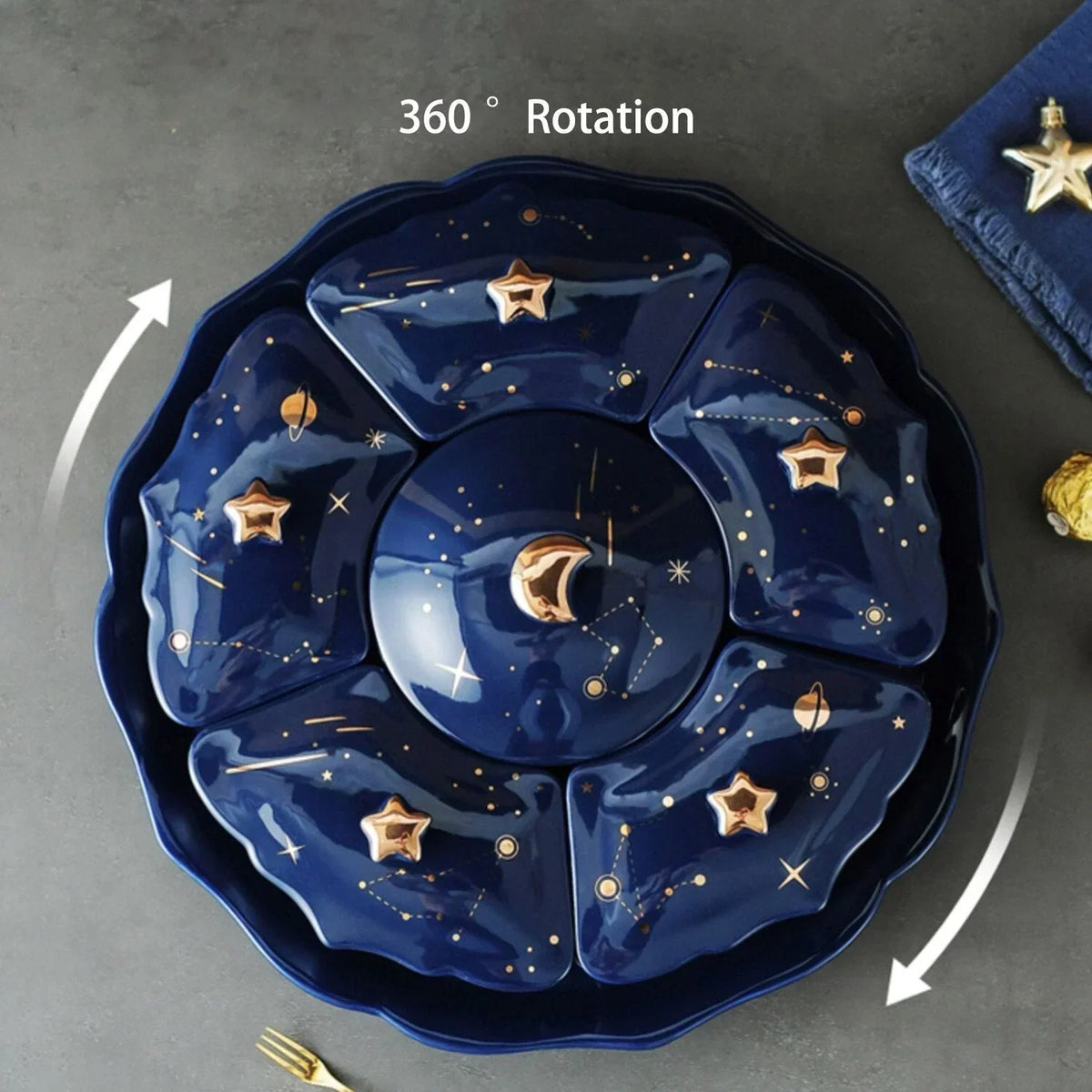 Rotierendes Keramisches Snackbord mit 5 Fächern – Sternenhimmel Design für Häppchen und Snacks