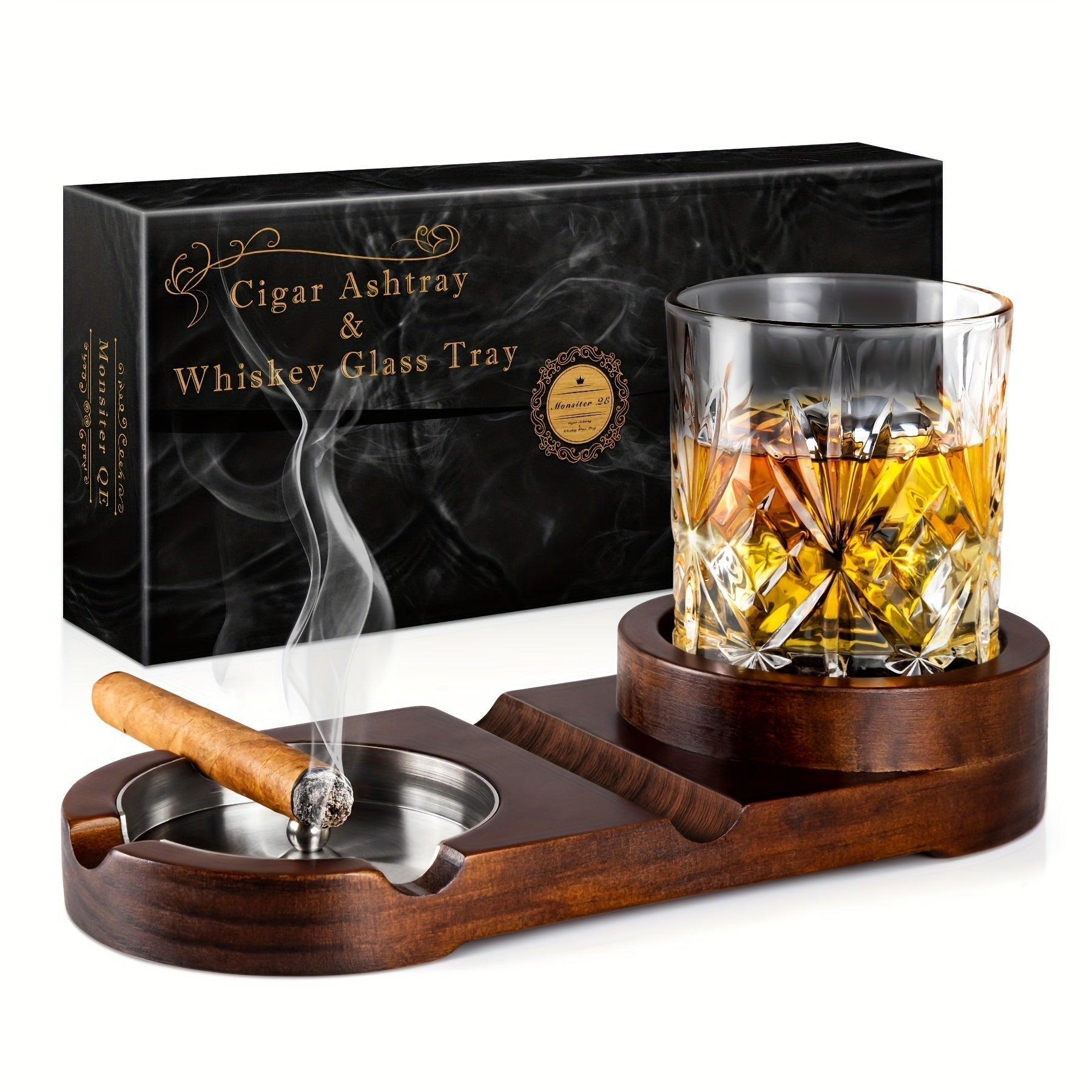 CigarOak Aschenbecher mit Whiskeyhalter – Luxuriöse Holzschale für Zigarrenliebhaber