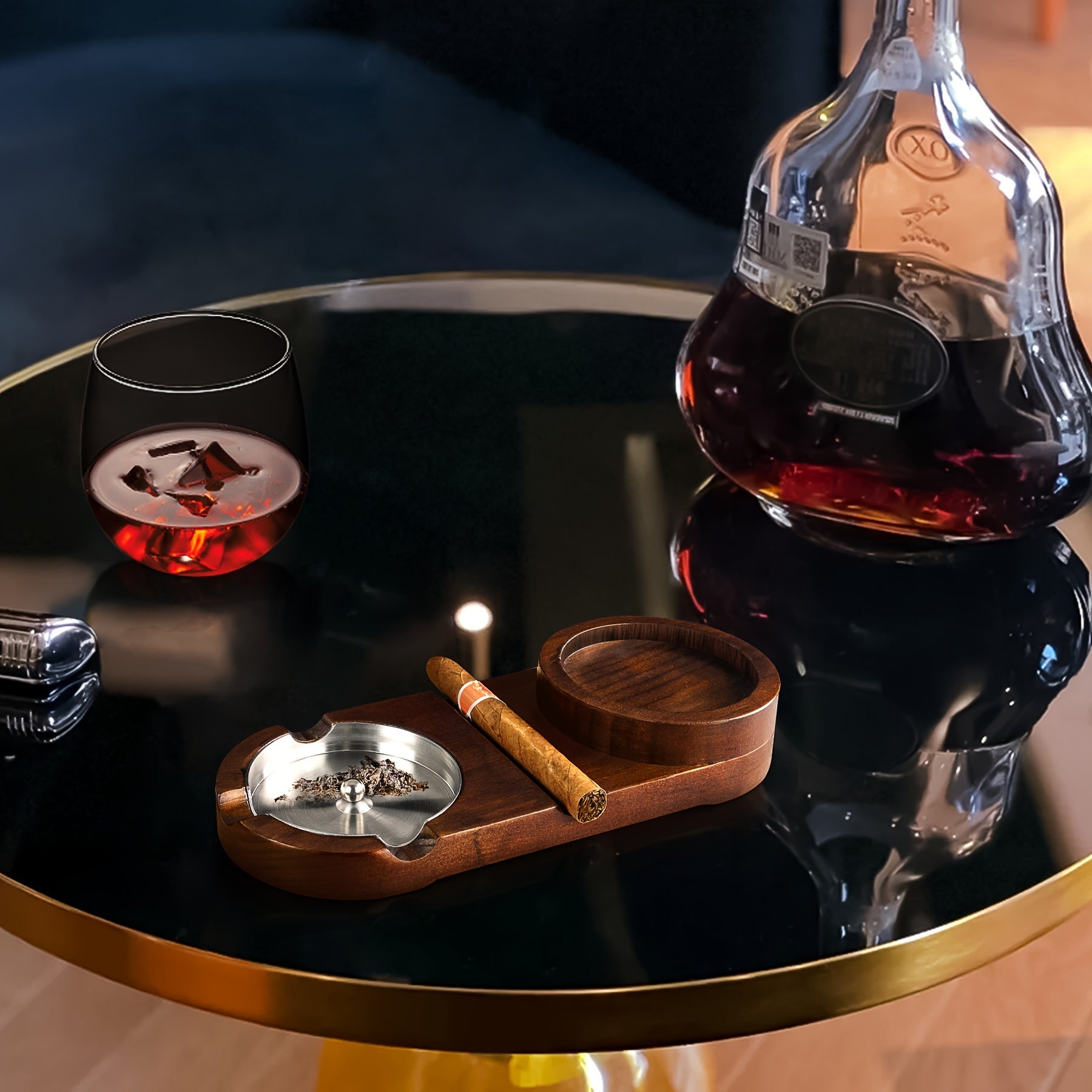 CigarOak Aschenbecher mit Whiskeyhalter – Luxuriöse Holzschale für Zigarrenliebhaber
