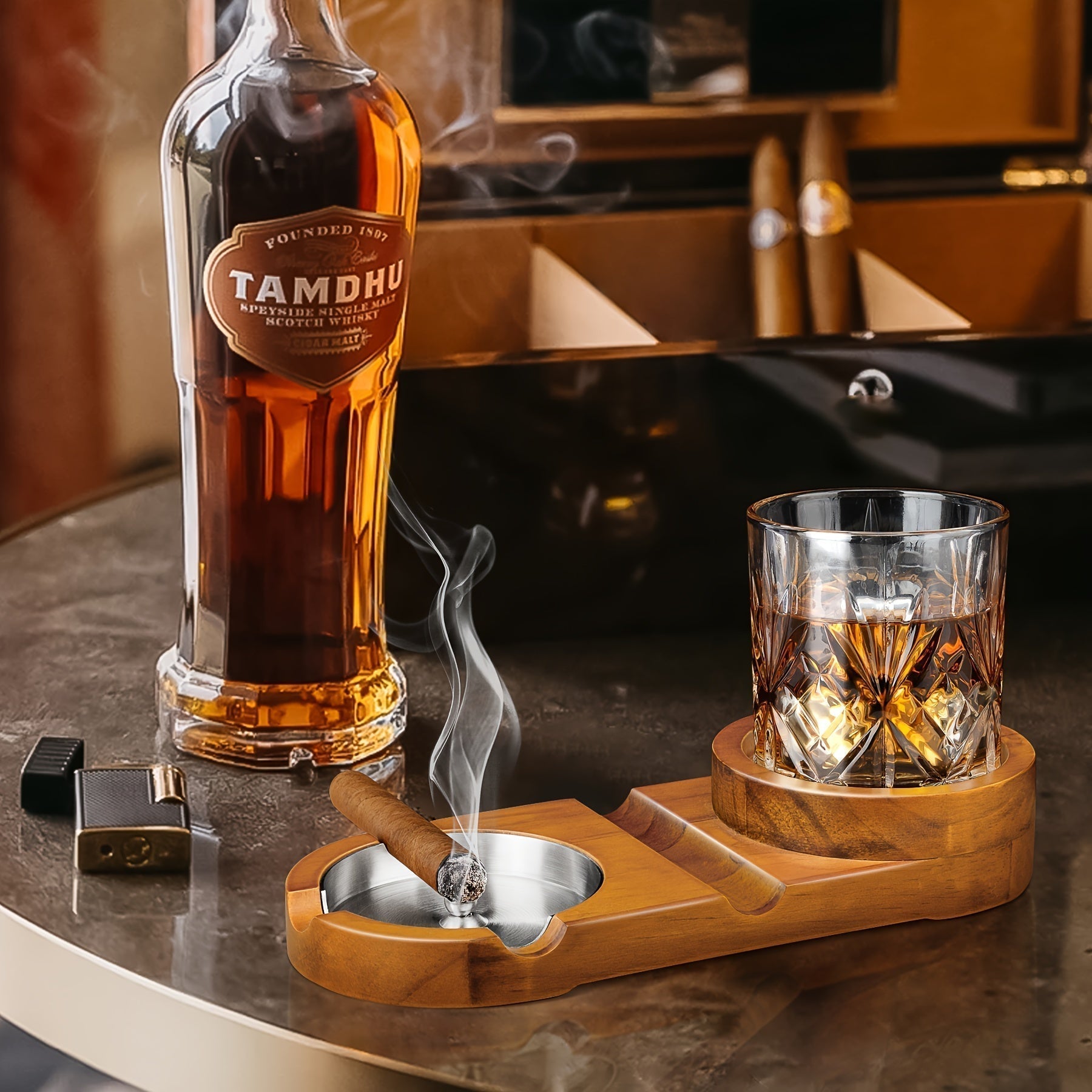 CigarOak Aschenbecher mit Whiskeyhalter – Luxuriöse Holzschale für Zigarrenliebhaber