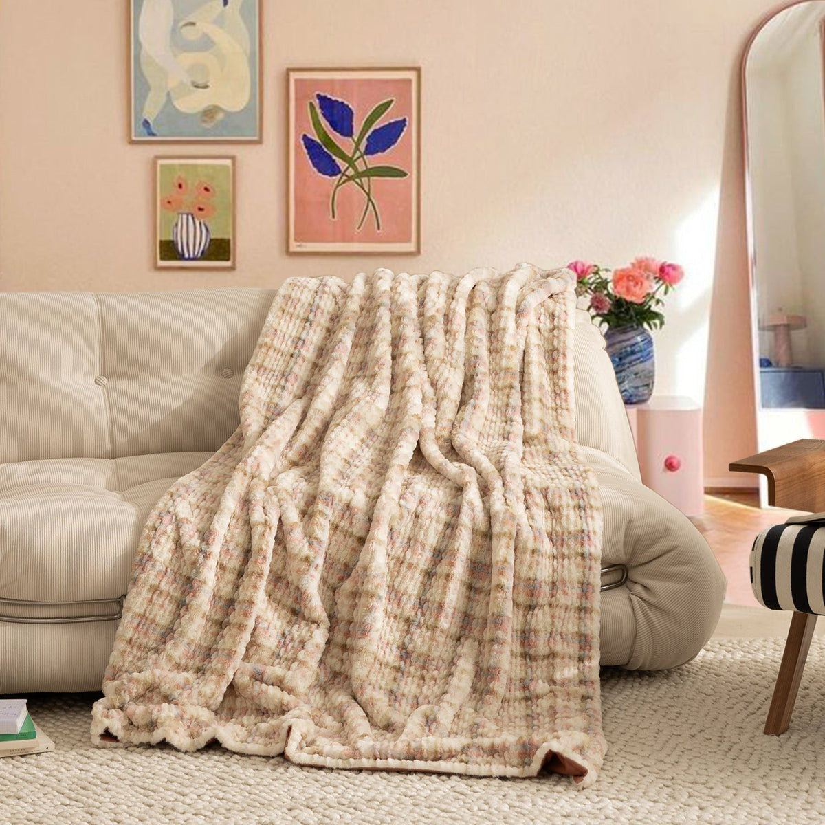 Luxe Kunstfell Plaid mit Wellenstruktur – Weiche Fleece-Decke mit Mikrofaser-Rückseite