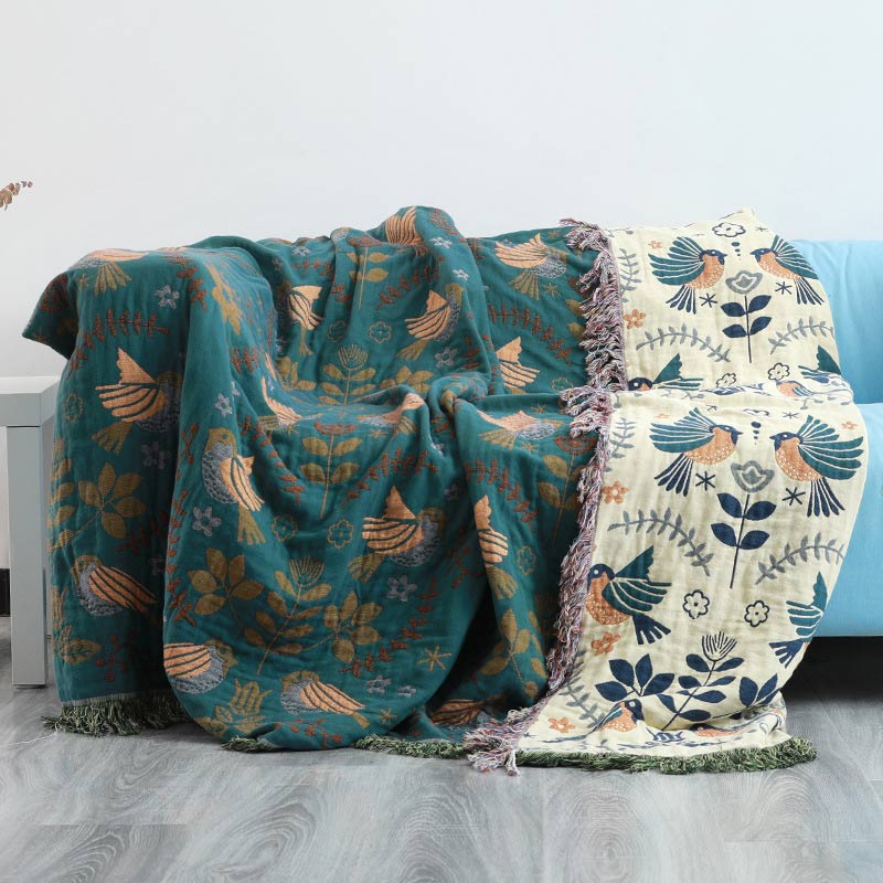 Boho Decke Mit Vogel- und Blumenmuster Wendbar Baumwolle