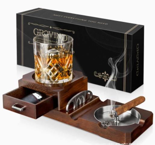 CigarOak Aschenbecher mit Whiskeyhalter – Luxuriöse Holzschale für Zigarrenliebhaber