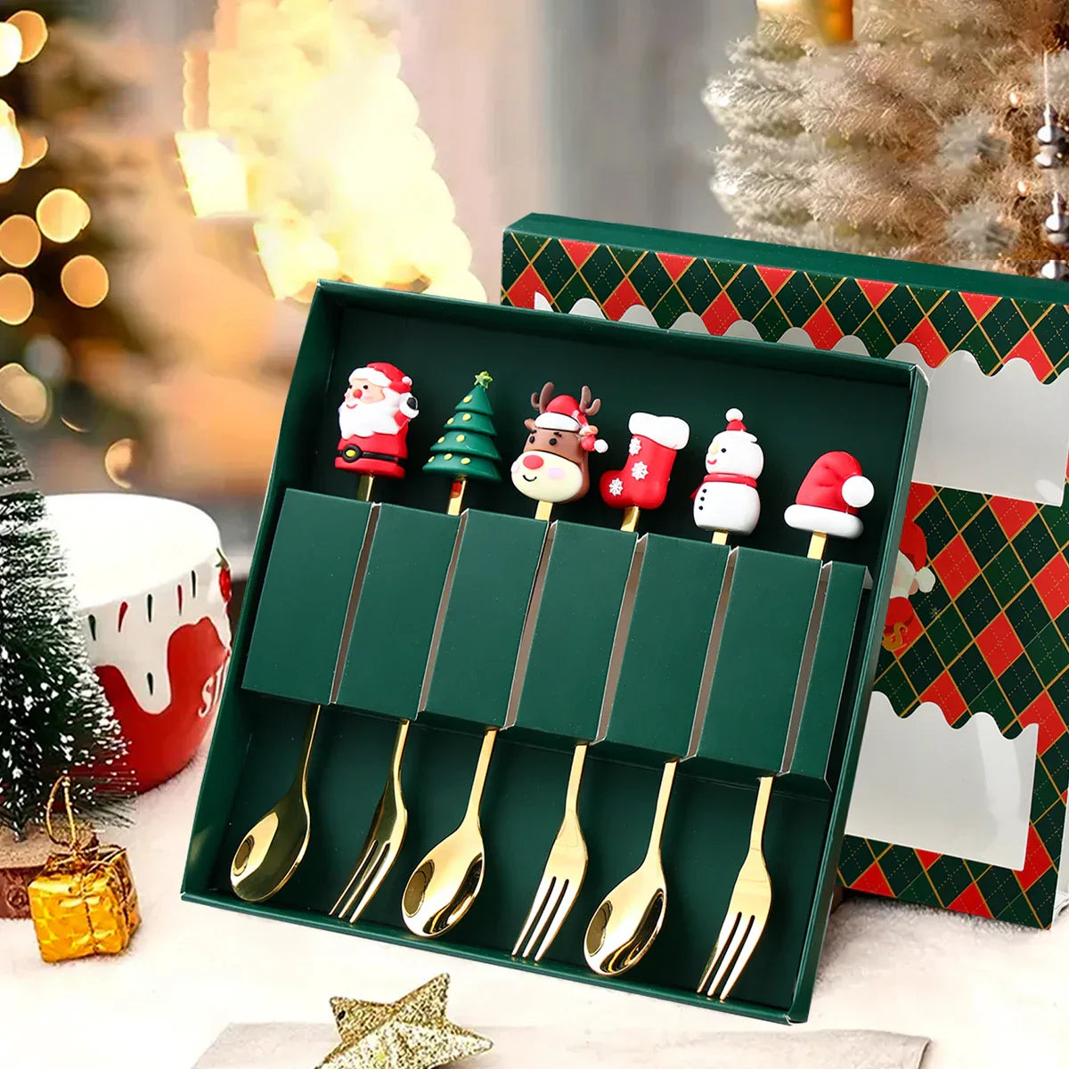 GoudFeest Weihnachtsbesteckset – Luxuriöser Goldlöffel und -gabel mit Weihnachtsmann-Design