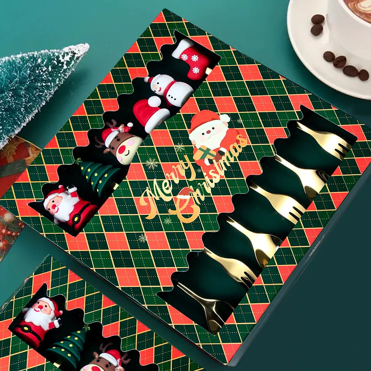 GoudFeest Weihnachtsbesteckset – Luxuriöser Goldlöffel und -gabel mit Weihnachtsmann-Design