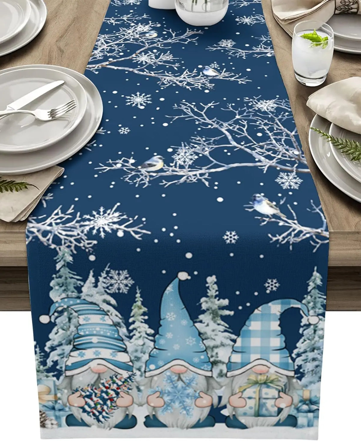 Weihnachts Tischläufer mit Schneekobolden – Luxuriöse Leinen Weihnachtsdekoration