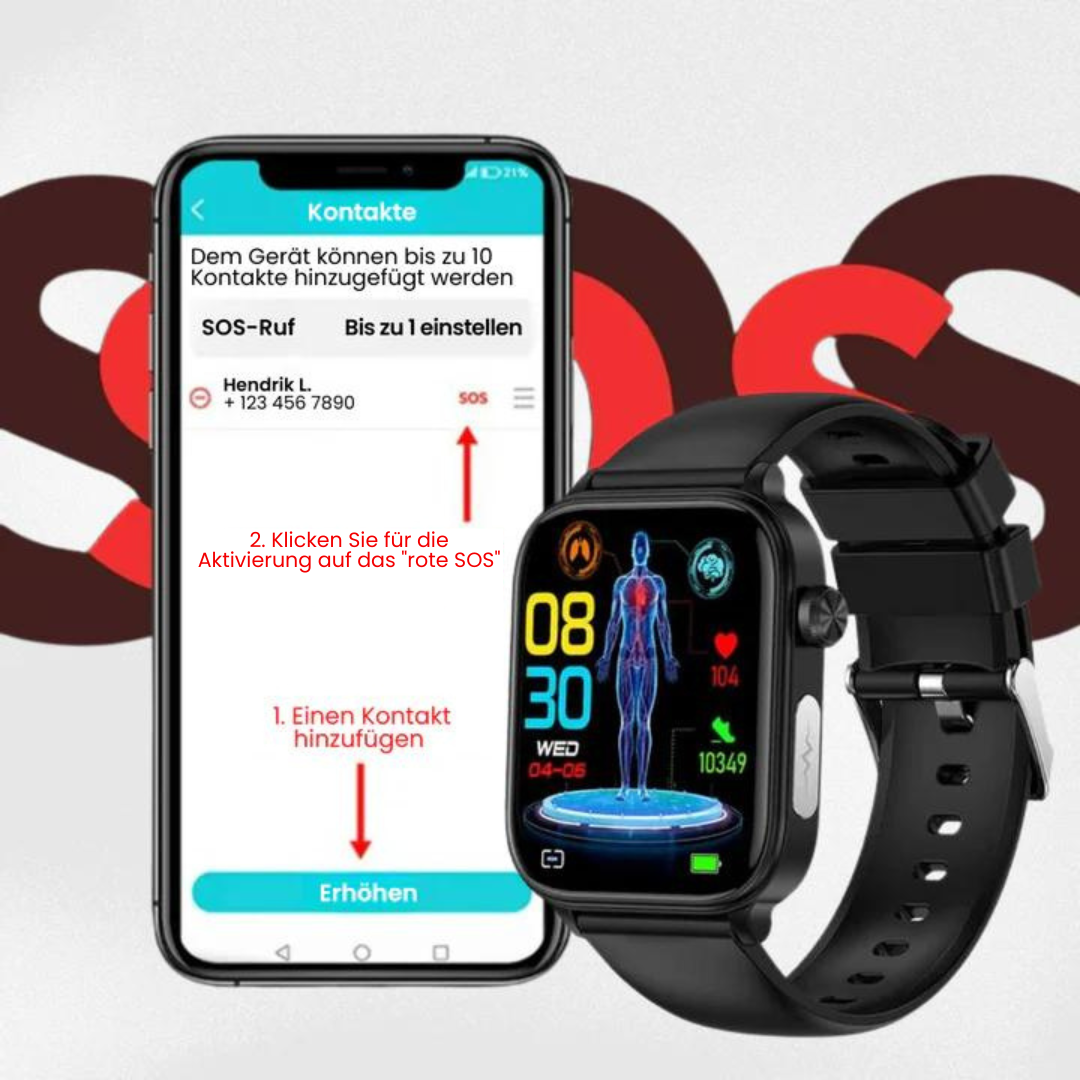 Smartwatch | SOS Notfallalarm mit Standort | Vitalparameter Tracking | GlucoCare SOS