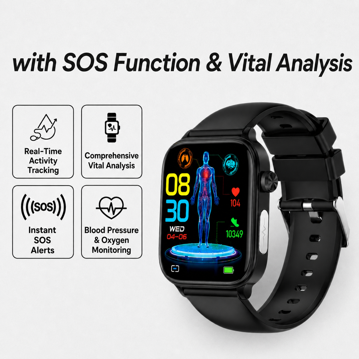 Smartwatch mit SOS-Notfallalarm und Sturzerkennung | Herzfrequenz-, Sauerstoff- und Aktivitätsmessung | Bluetooth und wasserdicht