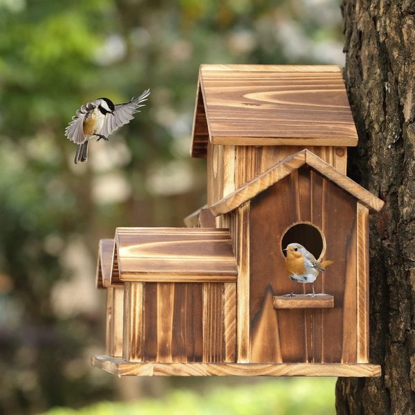 SongbirdHaven Handgemachtes Holz-Vogelhaus mit 6 Eingängen für Ihren Garten