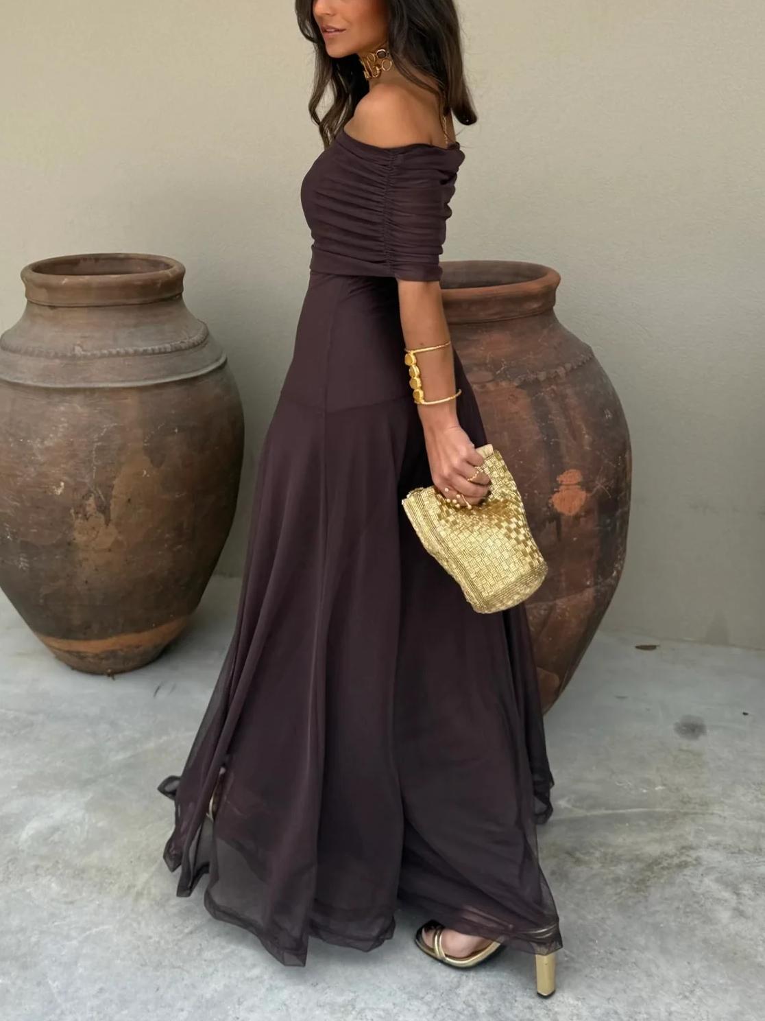 ChicVogue Off-Shoulder-Maxikleid | Elegantes Chiffonkleid für mühelosen Stil und Tragekomfort