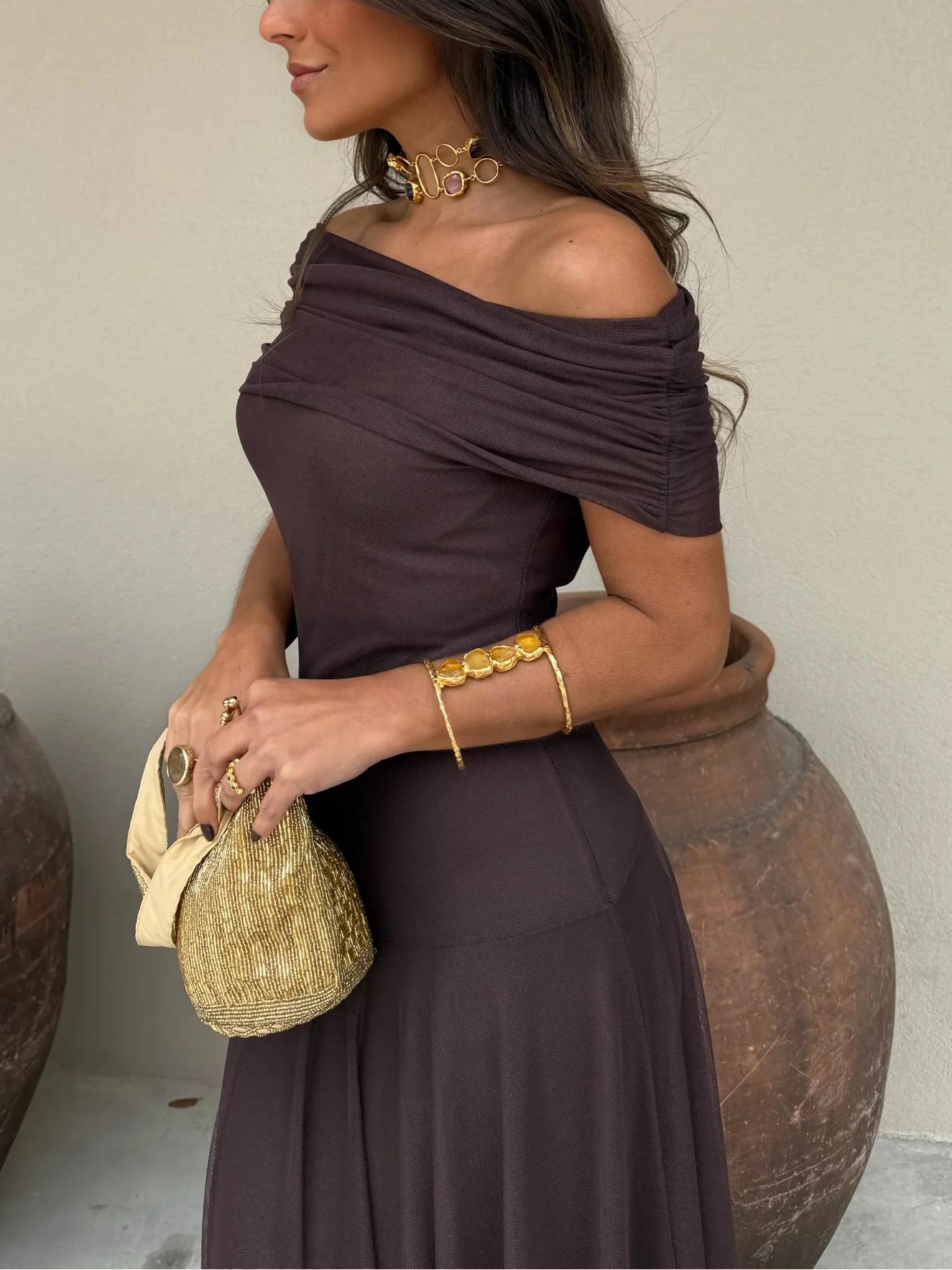 ChicVogue Off-Shoulder-Maxikleid | Elegantes Chiffonkleid für mühelosen Stil und Tragekomfort