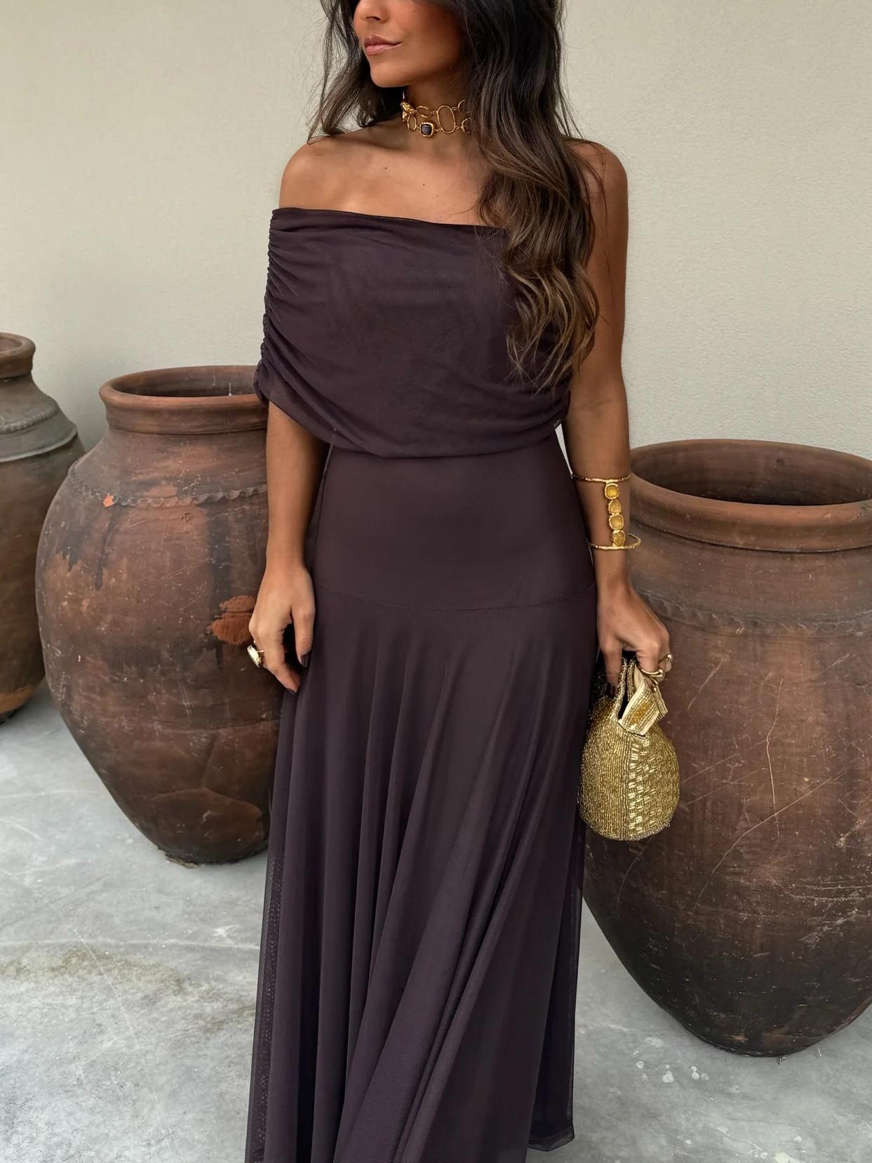 ChicVogue Off-Shoulder-Maxikleid | Elegantes Chiffonkleid für mühelosen Stil und Tragekomfort