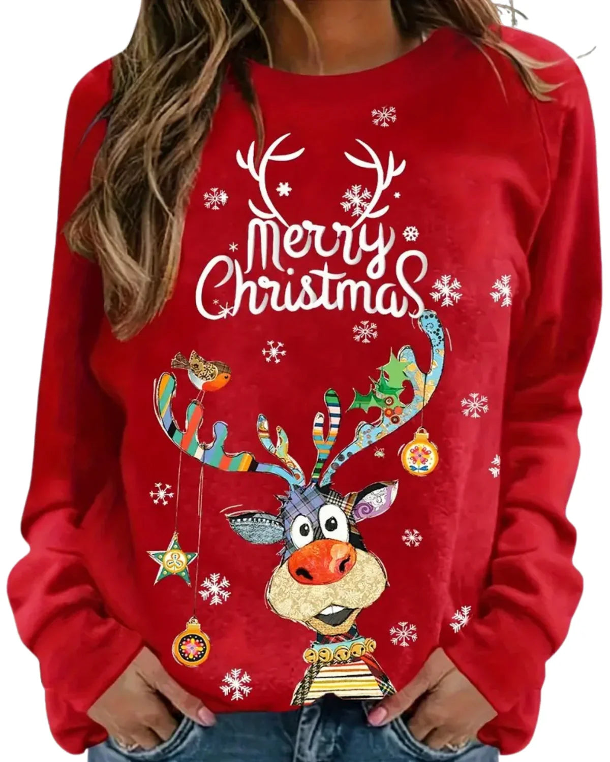 Festlicher Rentierpullover Damen – Warmer Weihnachtspullover mit Rundhalsausschnitt