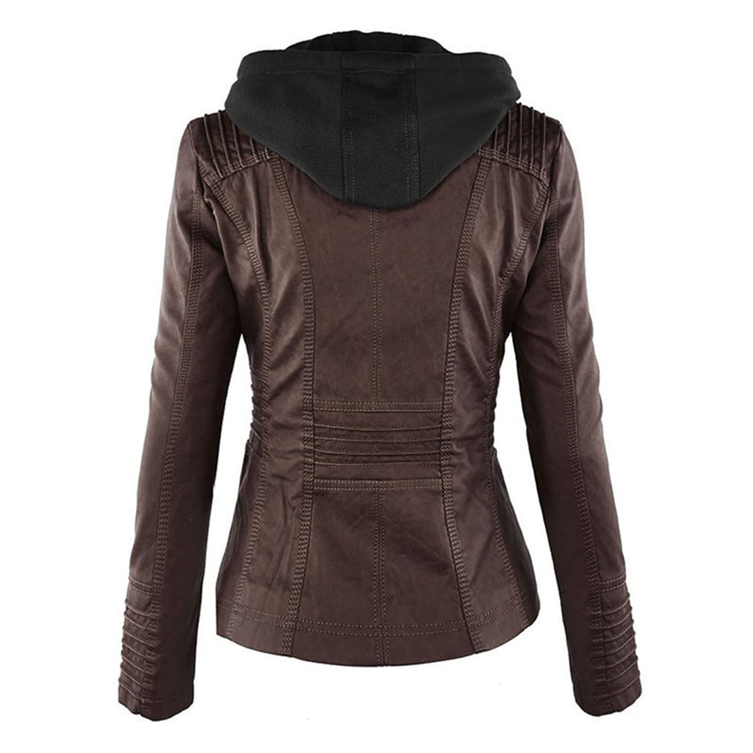 Trendy Damen Lederjacke Alesund – Schwarze PU-Jacke mit Kapuze und Reißverschluss