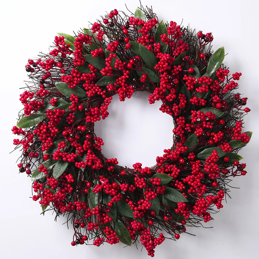 Weihnachtskranz | Realistische Zypressen- & rote Beeren-Dekoration | Innen & Außen