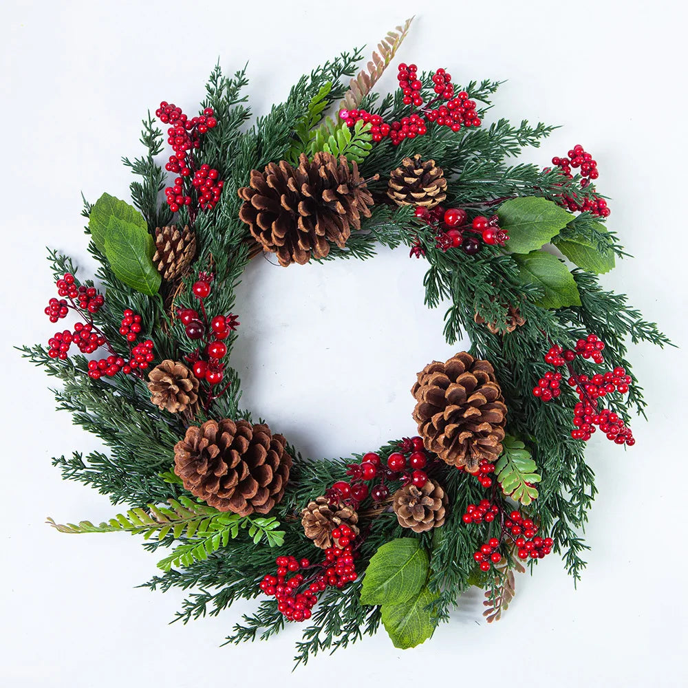 Weihnachtskranz | Realistische Zypressen- & rote Beeren-Dekoration | Innen & Außen