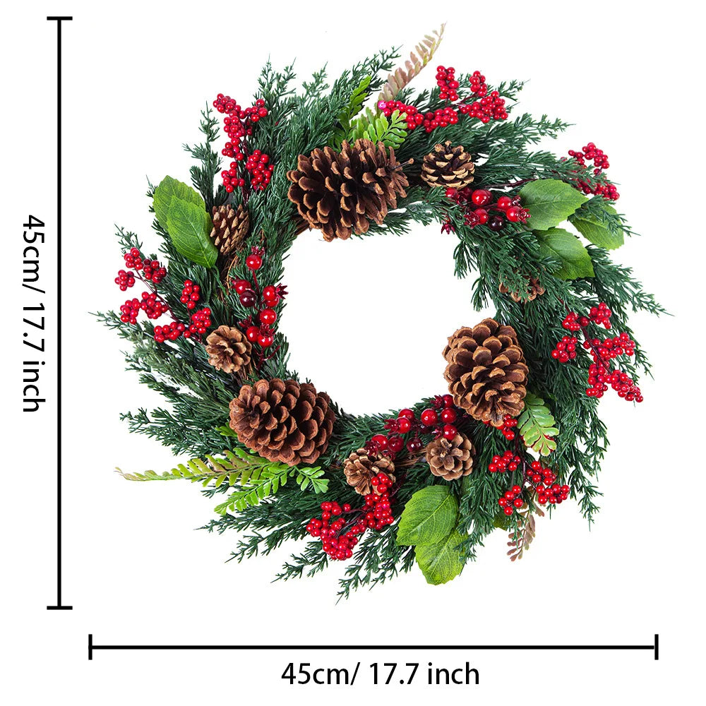 Weihnachtskranz | Realistische Zypressen- & rote Beeren-Dekoration | Innen & Außen