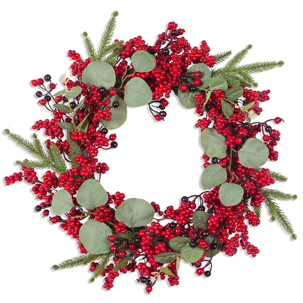 Weihnachtskranz | Realistische Zypressen- & rote Beeren-Dekoration | Innen & Außen