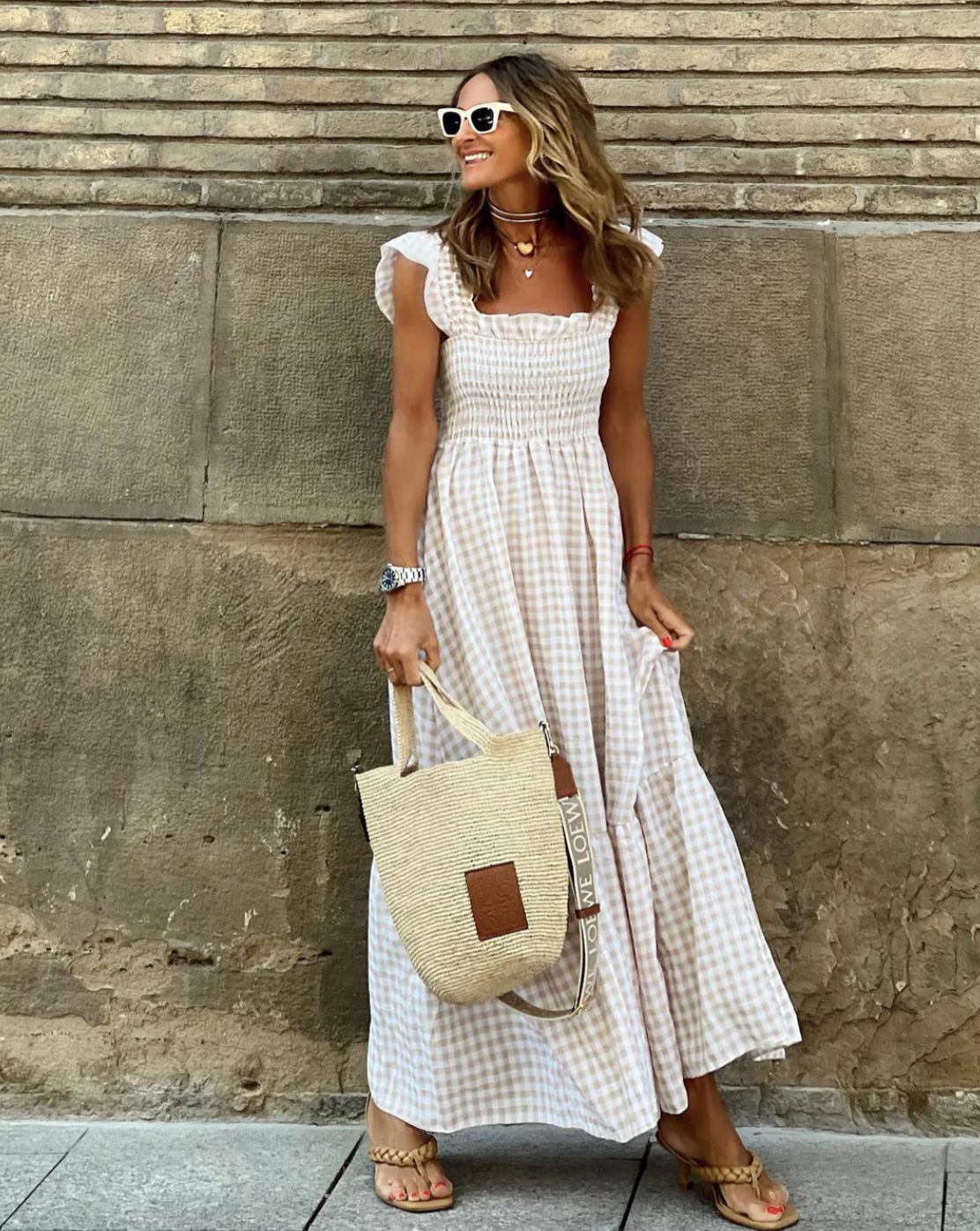 SunnyStyle Gingham-Maxikleid | Lässige Sommereleganz mit Rüschen am Saum