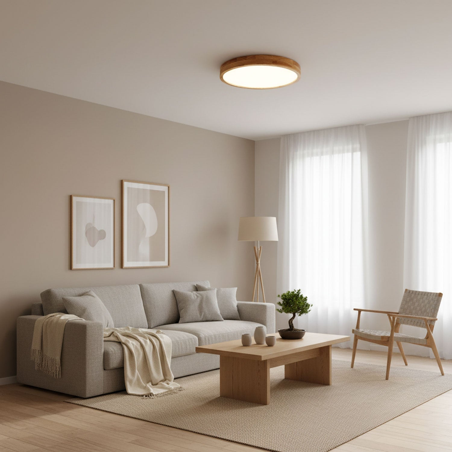 Moderne Nordische Runde Holz LED Deckenleuchte 1-Licht
