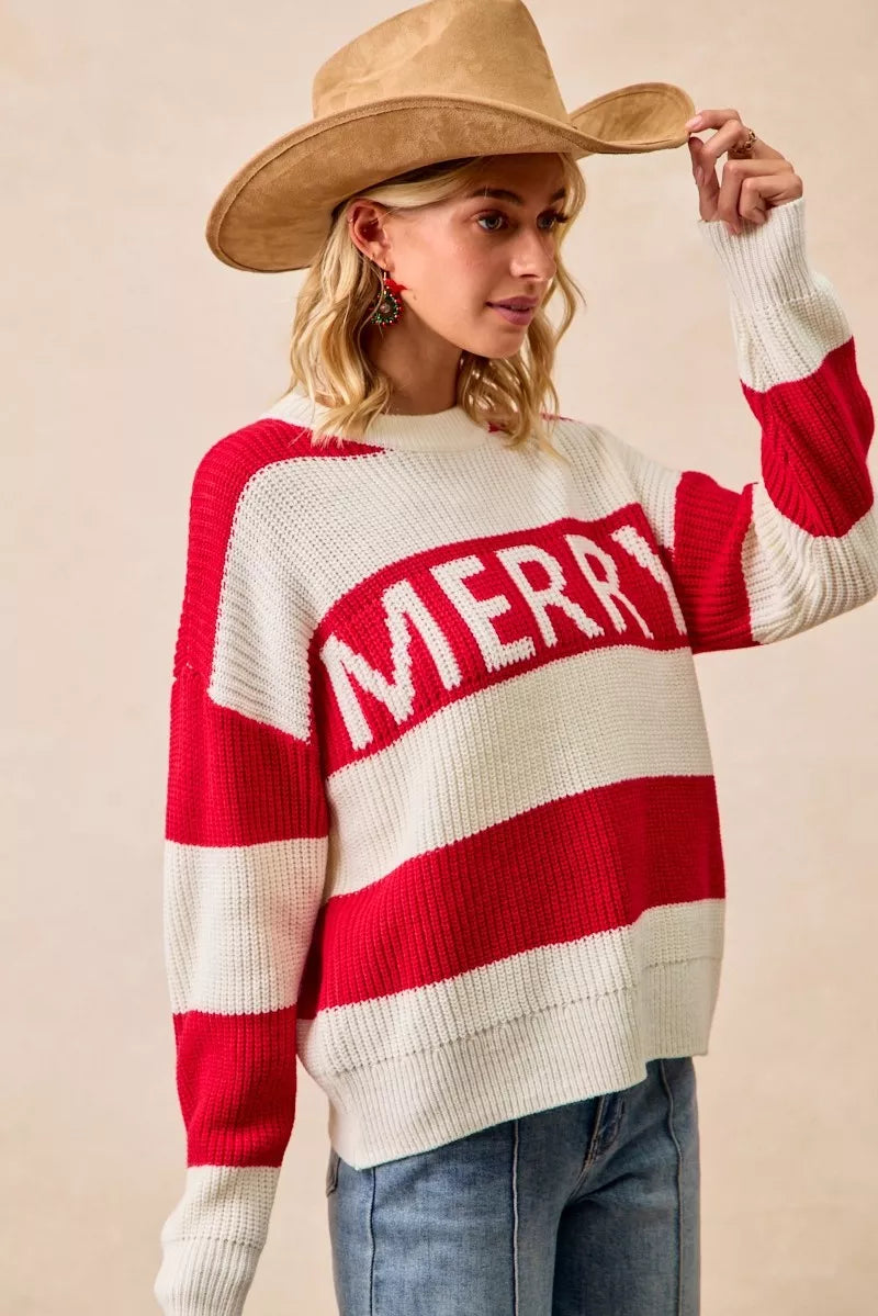 Rot- und Cremegestreifter „Merry“ Strick-Weihnachtspullover
