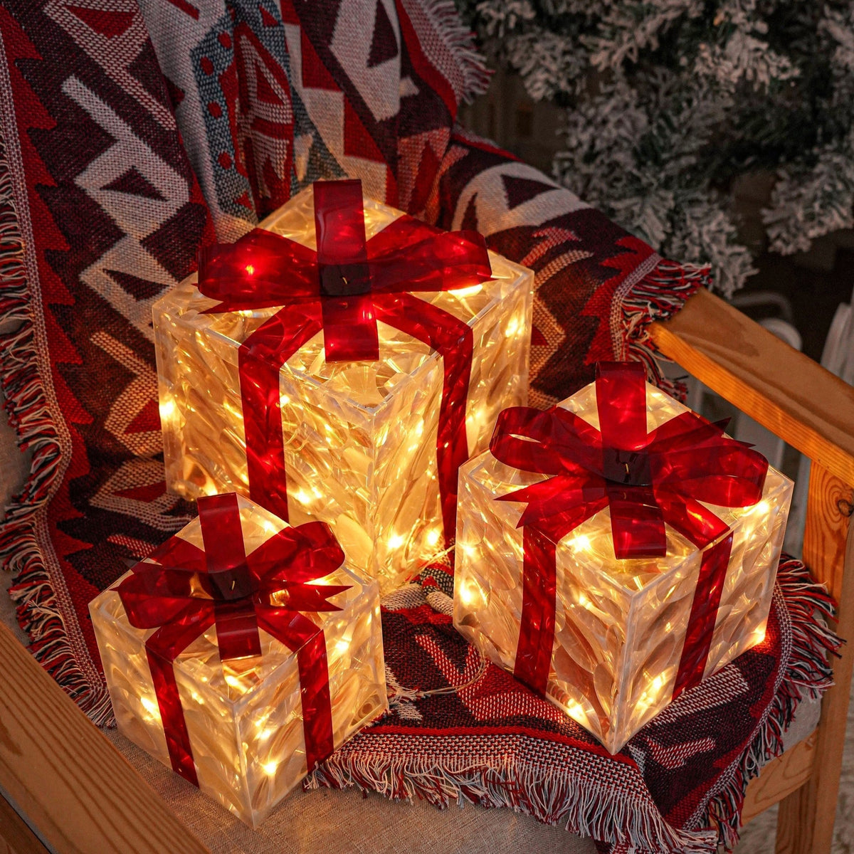 LED Weihnachtsgeschenkbeleuchtung – Set aus 3 beleuchteten Geschenkboxen für Innen & Außen