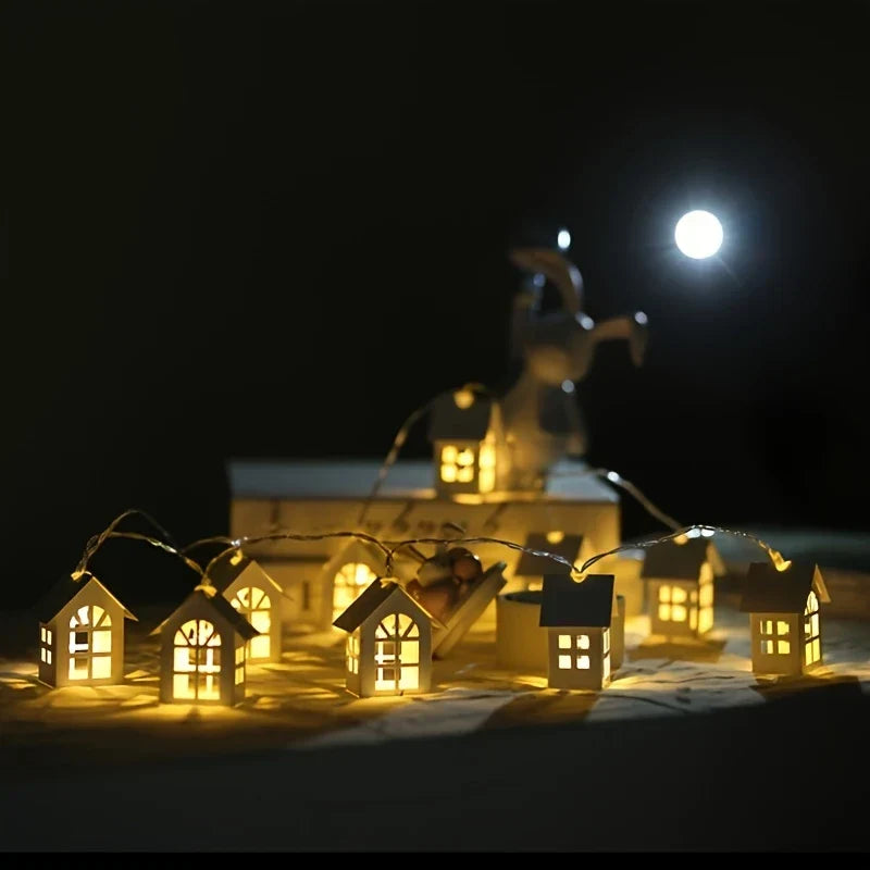 LED Weihnachtsbeleuchtung mit Mini-Häuschen – Dekorativer Lichtervorhang für Innenräume