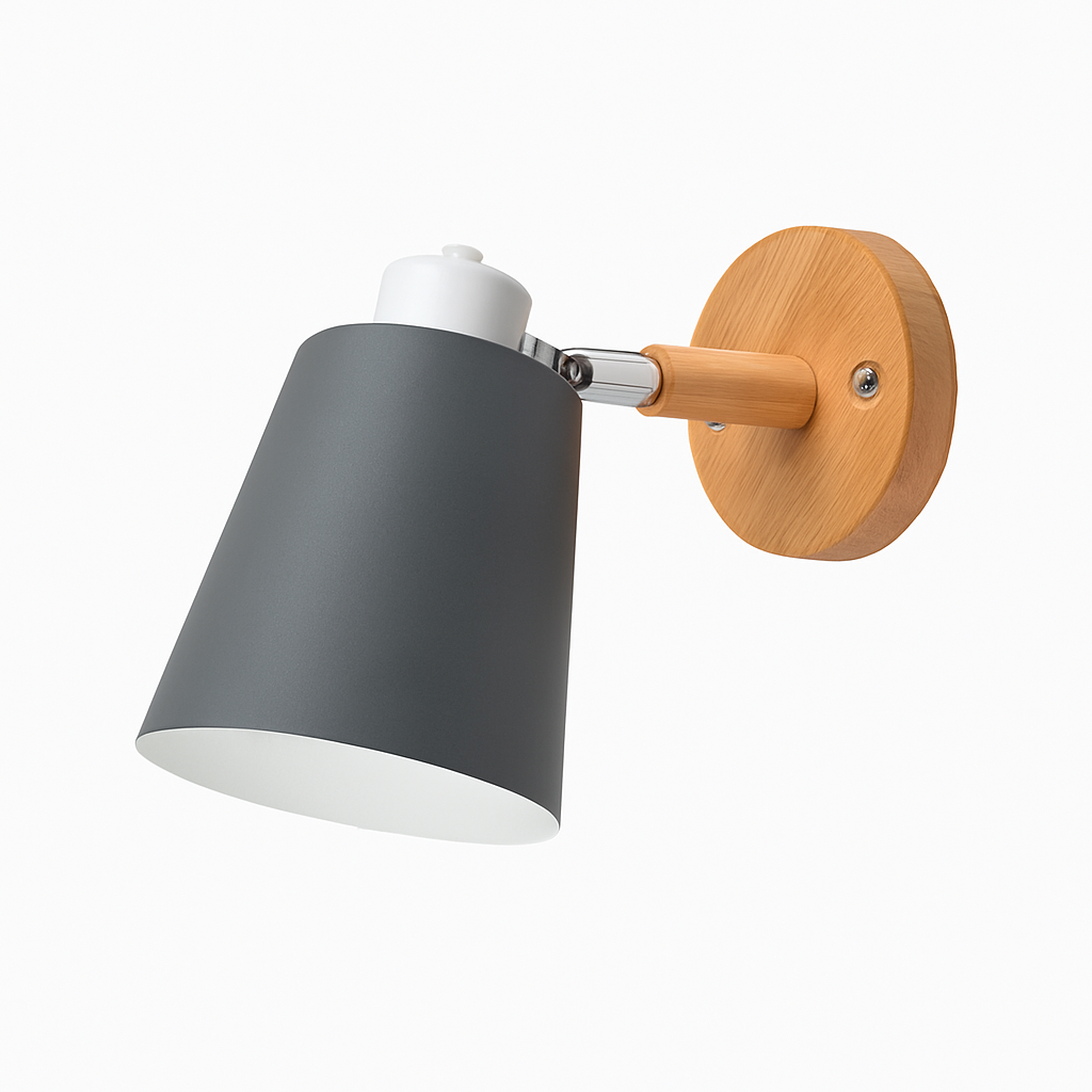 Wandlampe LED mit schwenkbarem Schirm aus Metall und Holzhalterung