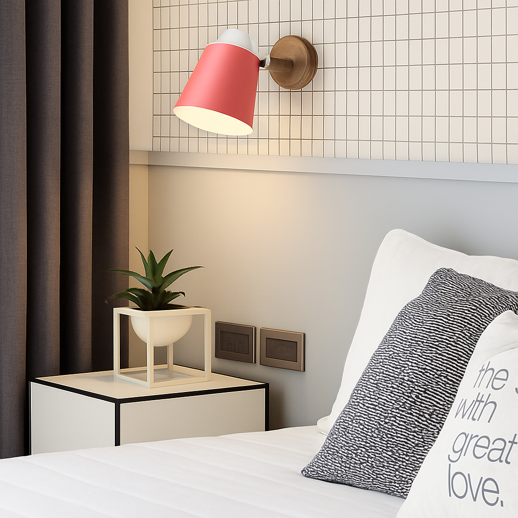 Wandlampe LED mit schwenkbarem Schirm aus Metall und Holzhalterung