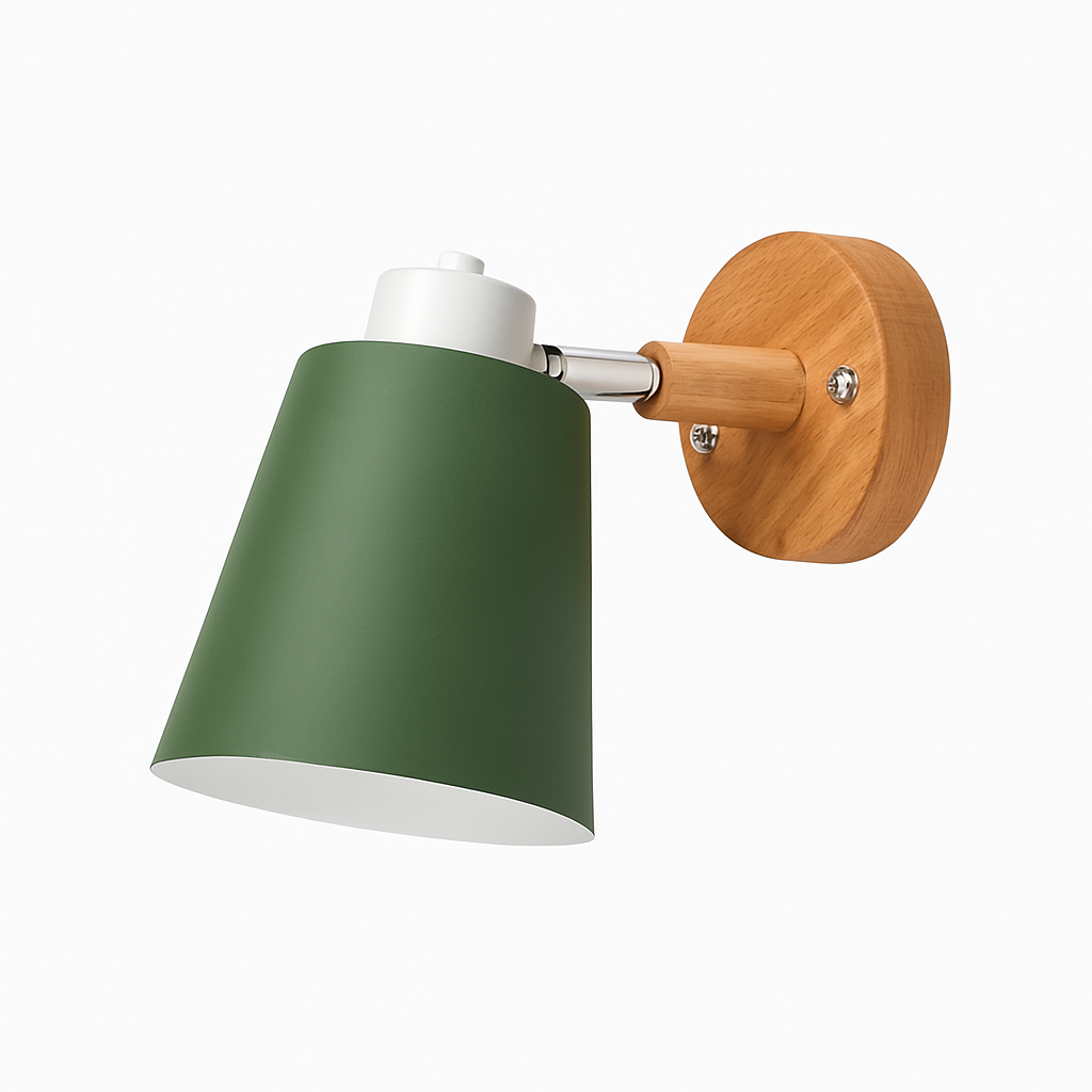 Wandlampe LED mit schwenkbarem Schirm aus Metall und Holzhalterung