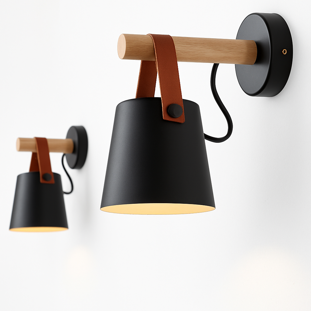 Wandlampe aus Holz mit hängendem Schirm